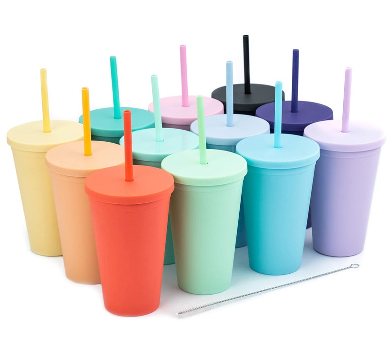 STRATA CUPS Tumblers with Lids (12 pack) 16oz Colored Acrylic Cups with Lids and Straws | Double Wall Matte Plastic Bulk Tumblers With FREE Straw Cleaner! Vinyl Customizable DIY Gifts (Assorted) - Image 1